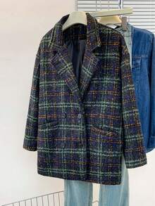 女士宽松格子翻领纽扣休闲长袖外套，带口袋，适合秋、冬、春季穿着。