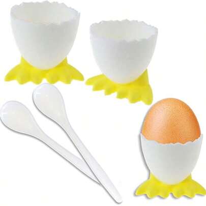 Conjunto de 6 Porta-Ovos de Plástico Macio com Desenho Animado em Formato de Pata de Pato, Bandeja para Ovos, Ideal para Café da Manhã, Brunch e Ovos Cozidos..., Conjunto de 4 Porta-Ovos de Plástico Branco em Formato de Pata de Galinha com Colher