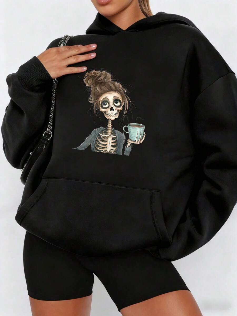 Women's Fashionable Funny Print Casual Hoodie Sweatshirts Skeleton With Coffee Cup Autumn/Winter Christmas Gift
-Black - 黑色 - 查看 1