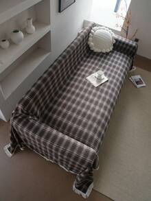 1 pieza Funda de sofá a cuadros navideños con flecos, manta de sofá de estilo granja vintage en verde, protector de sofá grueso y duradero para mascotas, perfecto para reuniones navideñas en el hogar, sala de estar, dormitorio, oficina