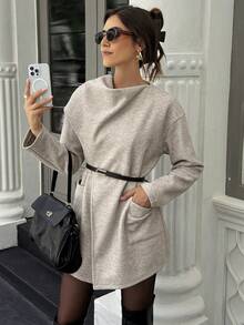 Scarf Shawl Floral Chiffon Hidden Button Pocket Woolen Coat - Grey - View 4