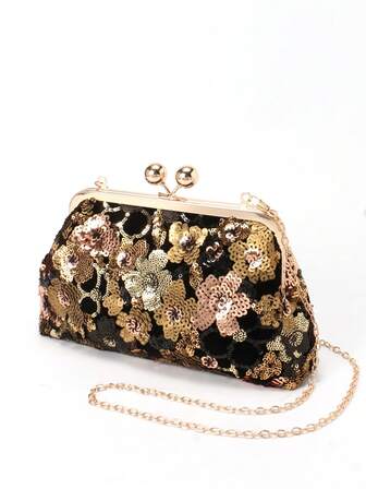 亮片晚宴包，做工精美，饰以不规则亮片刺绣和花卉图案。手拿包，是派对、婚礼、舞会、晚宴/宴会的理想之选，也是送给女性、妈妈、老师、朋友、伴娘的最佳礼物。轻便易携。