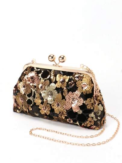亮片晚宴包，做工精美，饰以不规则亮片刺绣和花卉图案。手拿包，是派对、婚礼、舞会、晚宴/宴会的理想之选，也是送给女性、妈妈、老师、朋友、伴娘的最佳礼物。轻便易携。