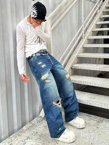 1件美式街头时尚男士铆钉做旧宽松阔腿牛仔裤，休闲百搭高街牛仔裤（不含腰带和配饰） - 藍色 - 查看 3