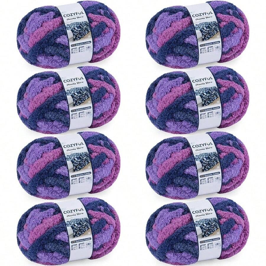 Chunky Yarn Hand Knitting - #10 Chunky Chenille Blanket Yarn, Jumbo Big Thick Chunky Yarns Crocheting, Tie Dye Bulky Knit Yarns, 8 Skein 25 Yds 8 Oz Each Skein SageKhaki - 8 件裝 + 多色紫色 - 查看 1