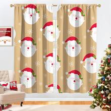2PCS Cute Cute Cute Cartoon Cartoon Santa Claus Head Pattern Flannel Fabric Printed Curtains, Semi-Blackout, Easy-To-Install Rod-Pocket Style.