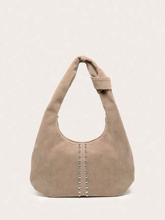 Women's Crescent Shaped Shoulder Bag, Solid Color Suede Material, Large Capacity, Rivet Decor, Vintage Fashion, Suitable For Commuting And Shopping