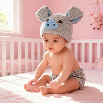 Conjunto de 2 piezas de punto para recién nacido, disfraz de fotografía de lechón hecho a mano, atuendo para sesión de fotos de bebé, para celebración de los 100 días/uso diario/fiesta temática, regalo para recién nacido