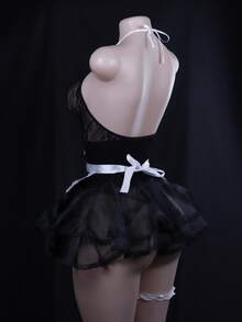 No-Remove Maid Set - Mesh Bodysuit, Apron, Hairband, Garters & Panties - màu đen - Xem 3