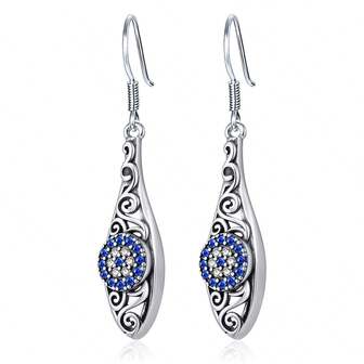 925银复古蓝色锆石圈形耳环，夸张奢华圆形耳环，适合女性，可用于派对、聚会、日常佩戴，也是馈赠亲朋好友的理想之选。