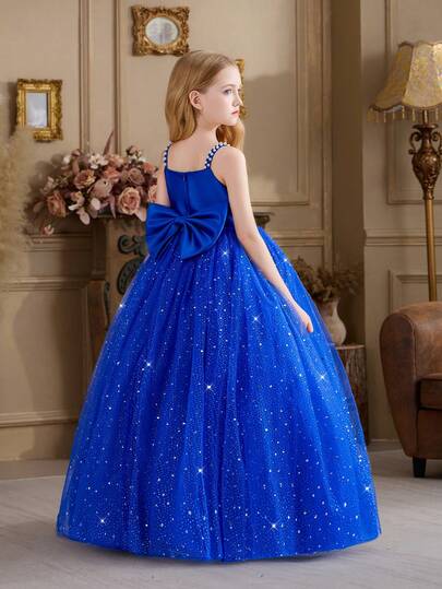 少女皇家蓝珍珠吊带网纱蝴蝶结装饰圣诞连衣裙，优雅公主裙，适合作为女孩生日礼物、青少年派对、婚礼、花童、感恩节、毕业典礼礼服