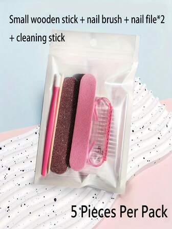 5 Pieces Per Pack, Manicure And Pedicure Set, Mini Nail File And Orange Nail Stick Set, Double-Sided Disposable Nail File, Wooden Skin Pusher, Nail Cleaning Tool, Nail Stick, Nail Art Brush