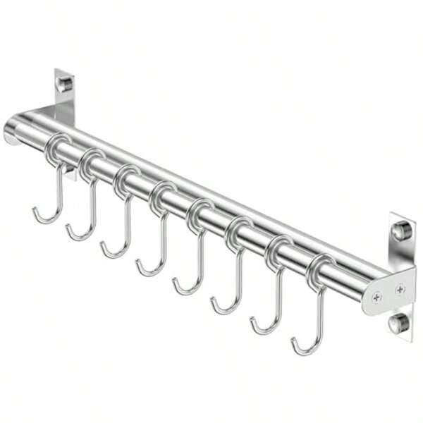 AIMALL PunchFree 304 Stainless Steel Hanging Storage Rack With Hooks Modern WallMounted Kitchen Organiser Shelf For Utensils 19.6in Long Silver