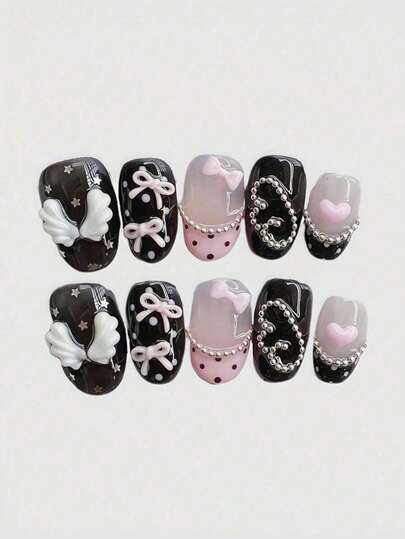 10 片丙烯酸按压指甲，按压方形假指甲短指甲，黑色指甲粉色指甲，DIY 黑色和粉色的组合与天使翅膀、蝴蝶结和心形相遇，诠释神秘而甜美的美甲风格，适合女性参加婚礼、派对、节日、假日、节日、礼品美甲工具。