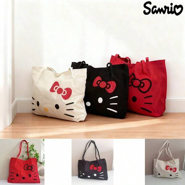 Sanrio Bolso de lona con estampado de Kitty, bolso de hombro de dibujos animados lindo, bolso de mano de gran capacidad, botón magnético, gran capacidad interna, versátil, personalizado, bolso de hombro de ocio y alta gama adecuado para uso diario, viajes y transporte. Recordatorio amable: (Este producto no incluye accesorios)