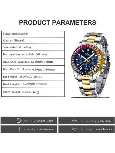 BIDEN Sports Watch, Chronograph, Waterproof Date Simulation Quartz Business Watch,Stainless Steel Strap Klok Comes view 6