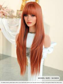7JHH WIGS 34 Inch Extra Long Straight Maple Leaf Orange Wig With Bangs - Super Long Natural Layered Wigs, High Quality Soft Synthetic Fiber Wigs For Women Daily Wear, Festival Ready Party Use, Graduation Gift - Beginners Glueless Wig Accessories
