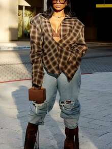 Damen Retro Lässig vielseitig minimalistisches kariertes Hemd mit Knöpfen, geeignet für den Arbeitsweg und den täglichen Büroalltag