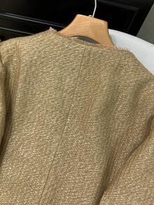 GMFP 女士新年/情人节套装，休闲复古纹理金属单排扣圆领短款金色羊毛抓绒外套，冬季