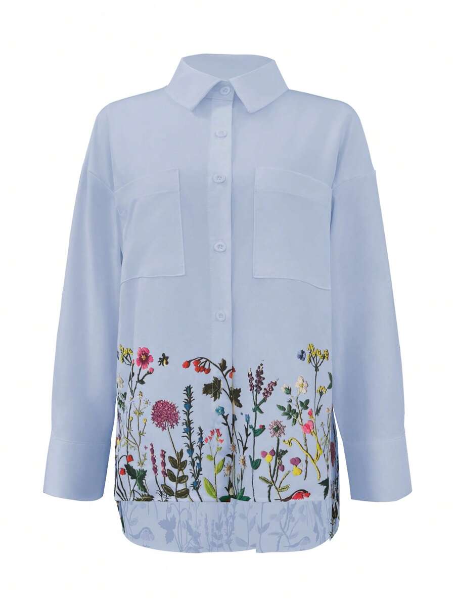 Women's Printed Shirt, Solid Color, Minimalist, Suitable For Summer - Blue - View 1