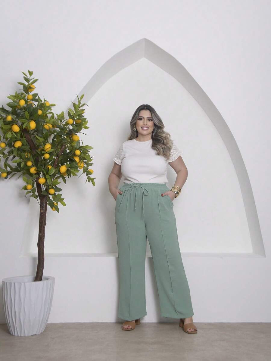 Duna Plus Size Wide-Leg Pants - Verde - Ver 1