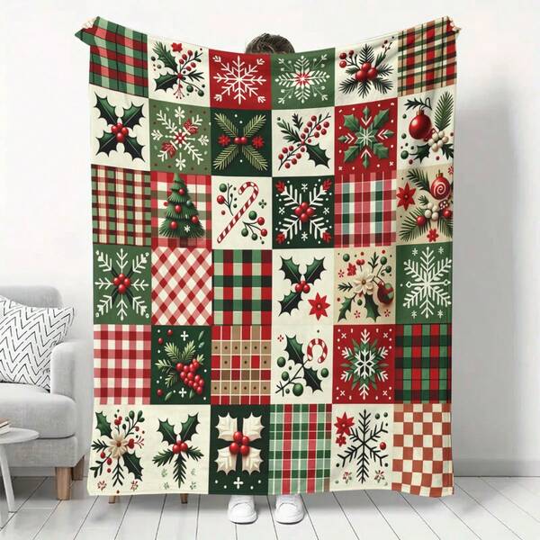 1 szt. Tradycyjny świąteczny koc patchworkowy – świąteczna dekoracja domu, klasyczny wzór w kolorze czerwonym i zielonym, miękki i przytulny, całoroczny, odporny na rozdarcia, można prać w pralce, nadruk cyfrowy, poliester, pikowany, wielofunkcyjny do salonu i sypialni
