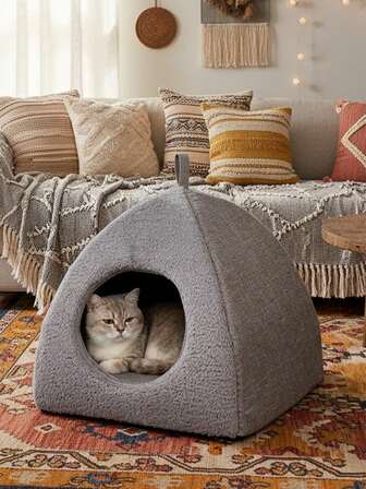 3D Triangle Dome Cat House - Modern Enclosed Pet Bed With Hanging Ring, Spacious Interior, Durable Polyester Material Indoor Cat Shelter - Deep Gray Easy-To-Clean Home Decor, Contemporary Design, Sturdy Structure Essential For Pet Comfort