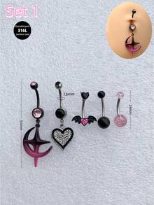 5 件/套 Y2k-Young 粉色心形星形肚脐环不锈钢粉色骷髅肚脐饰品十字肚脐穿孔蛇眼肚脐环吊坠肚脐穿孔条蜘蛛肚脐环粉色龙肚脐环肚脐钉肚脐环肚脐穿孔饰品礼物适合女性女孩日常派对佩戴派对夜间外出社交聚会 - 粉色 - 查看 7