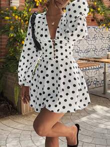 Women Polka Dot Deep V Neck Long Sleeve Ruched Waist A Line Mini Dress Sexy Cute Christmas Valentines Day Party Outfit - Đen và trắng - Xem 5