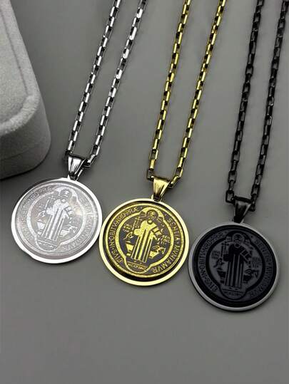 Collar con medalla de San Benito de ojo de tigre para mujeres y hombres, de acero inoxidable con cadena dorada