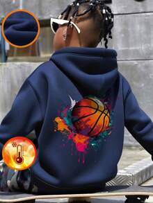 1pc Tween Boys' Casual Letter Graphic Print Pullover Sweatshirt, Warm Thermal Lined, Suitable For Students, Autumn/Winter - Basketball Themed Colorful Sweatshirt To Inspire Kids' Imagination - Navy Blue - View 1