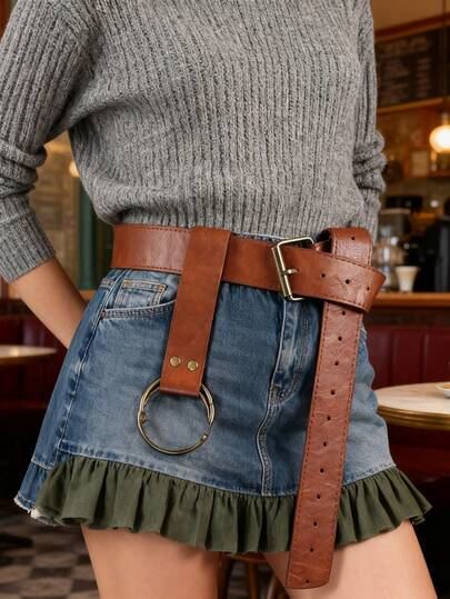 2件套中世纪复古艺术连衣裙腰带，皮革和金属配饰，适用于万圣节和派对服装