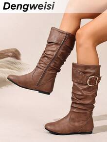 Fall/Winter Brown Pleated Side Zipper Strap Buckle Flat Round Toe Comfortable Casual Elegant Office Daily Commute Versatile Music Festival Street Fashion Mid-Calf Boots For Women - Brown - View 1