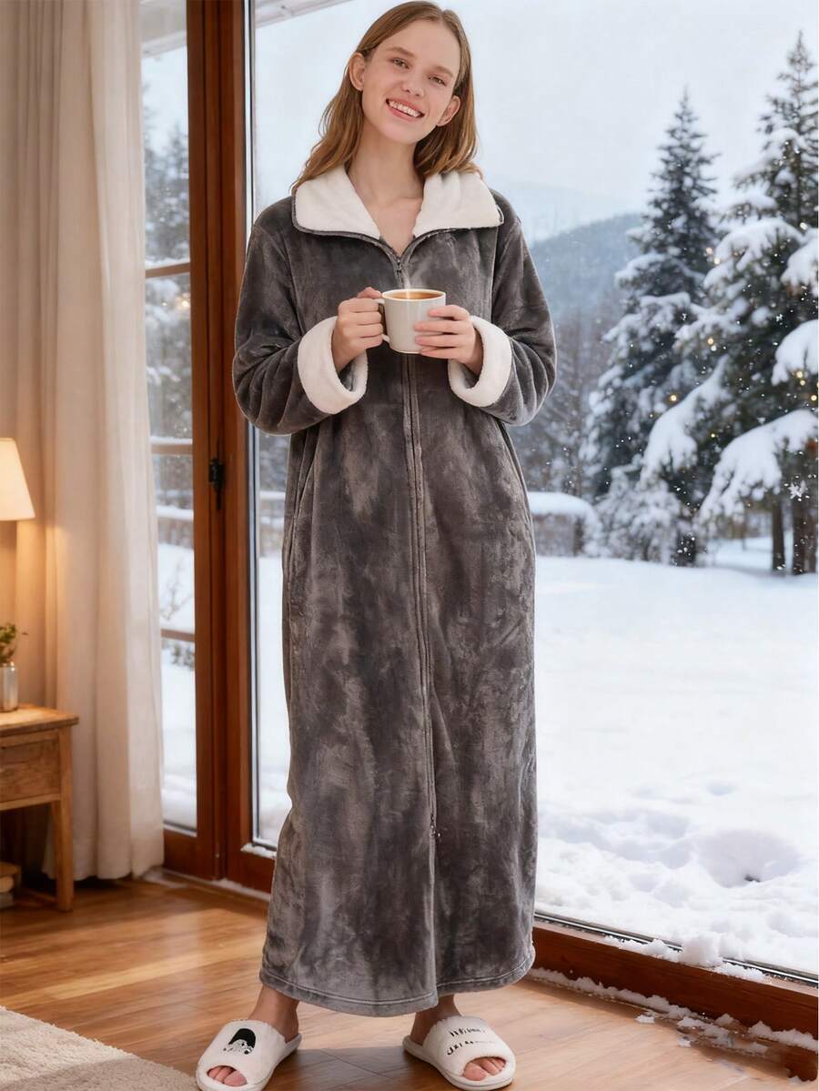 1pc Women And Men's Long Zip Up Robe Fleece Bathrobe Long Zipper Lounger Warm Housecoat Long Sleeve Nightgown With Pockets, Comfortable Flannel, A Must-Have For Halloween And Christmas, Nightgown, Warm And Cold-Proof,Flannel Warm Design, A Must-Have Warm Suit For Autumn And Winter - 彩色 - 查看 1