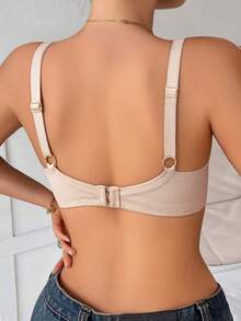 1pc Lace Patchwork Women's Bra, Solid Color Minimalist Underwire Sexy Bra - Apricot - View 6