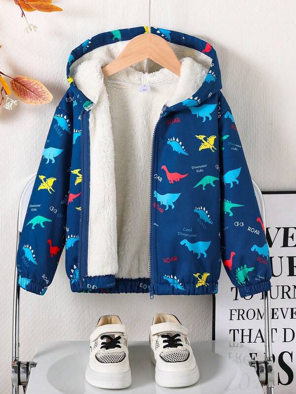 Chaqueta con capucha cálida con estampado de dinosaurio para niños pequeños