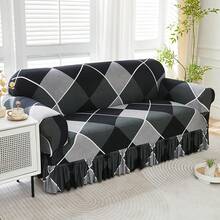 1pc Printed Black & Grey Plaid Elastic Skirt Style Sofa Cover, Soft Fabric Full Coverage Sofa Slipcover For Living Room, Bedroom, Study - Rome-skirt - View 8