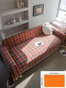 1pc Christmas Plaid Sofa Cover With Tassels, Green Vintage Farmhouse Style Sofa Throw Blanket, Thick & Durable Sofa Protector For Pet, Perfect For Christmas Holiday Family Gathering, Living Room, Bedroom, Office