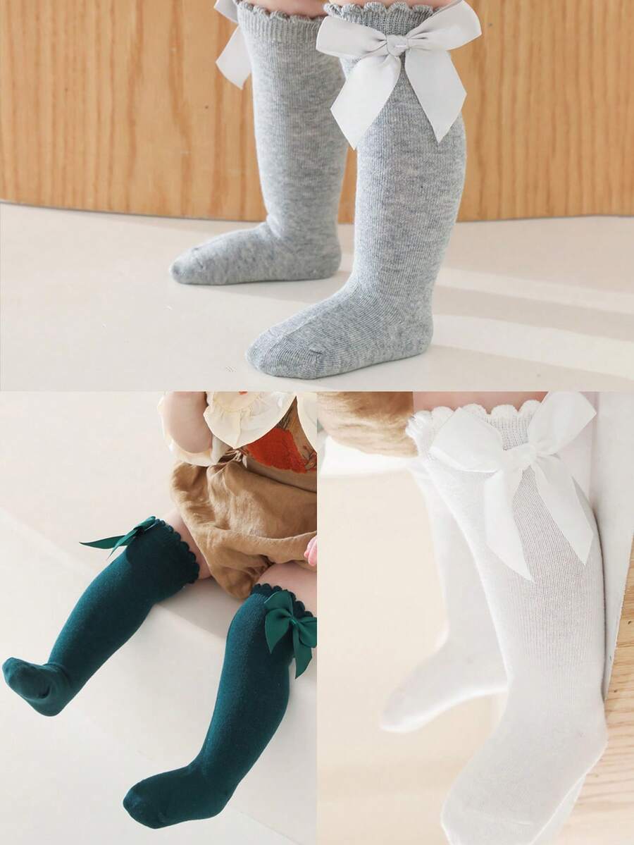 3 Pares de Meias de Algodão para Bebê, Meias Cano Alto Princesa com Laço Grande para Meninas