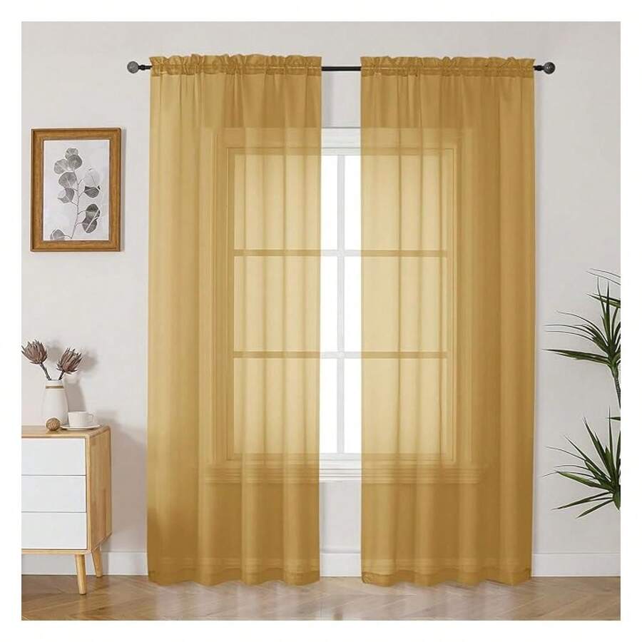 Gold Sheer Curtains 84 Inches Long 2 Panelsfor Living Room, Rod Pocket Voile Lightweight Bedroom Curtains, Light FilteringWindow Sheer Panels, Each 42" Wx84 L - 多色133 - 查看 1