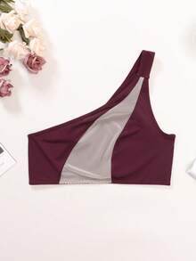 Women's Sexy Mesh Patchwork One-Shoulder Bra Set (Includes Panty) - Burgundy - View 9