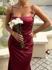 WOWDARK Women's Autumn Fashion Ruched Satin Split Hem Dress, Christmas - Burgundy - View 8