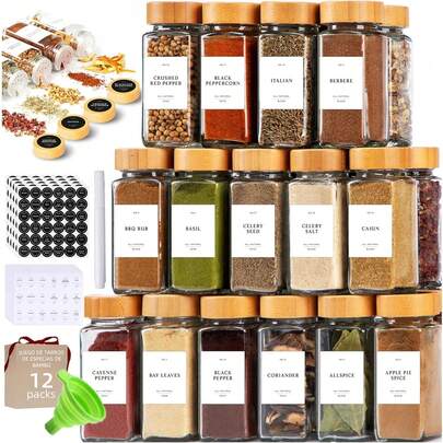 Especieros de Vidrio,Tarros de Especias Cocina,Tarros de Cristal para Especias con Tapas de Bambú - | Etiquetas Preimpresas y Etiquetas en Blanco | Rotuladores | Pinceles | Funnel (12 piezas)