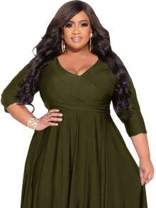 Vestido elegante de primavera de unicolor con cuello en V y cintura ceñida para mujer de talla grande - Verde militar - Ver 5