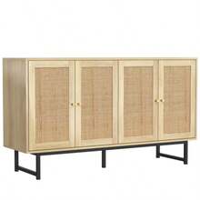 Sideboard 140x39.5x80 Cm With Real Rattan Weave, 4 Doors - Natural Color - View 9
