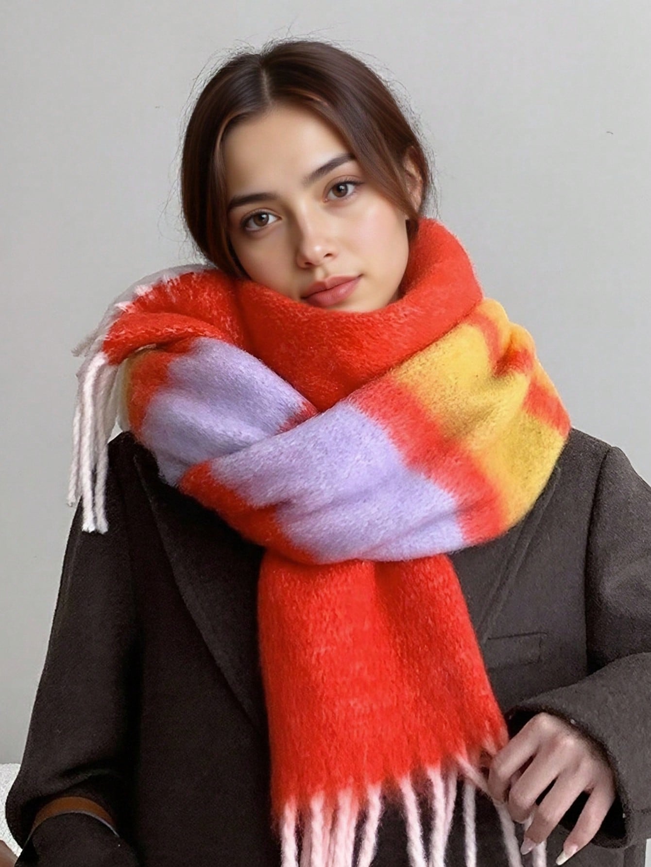 1 قطعة وشاح كاجوال سميك ذو ألوان متدرجة وشرابات من...