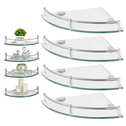  Repisa Esquinero Vidirio Baño Ducha  Estante Organizador Pared Rieles Cristal Acero 4pz Vmingo