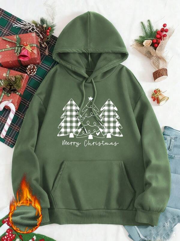 Women's Winter Merry Christmas Slogan And Christmas Tree Graphic Long Sleeved Drawstring Hoodie With Pocket, Casual Loose Versatile Women's Green Top, Fashionable Christmas Clothing, Suitable For Daily And Festive Wear, Christmas Atmosphere