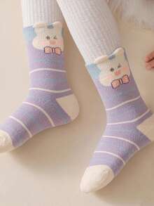 5双装加厚棉质冬季儿童袜，保暖卡通兔子图案女童袜