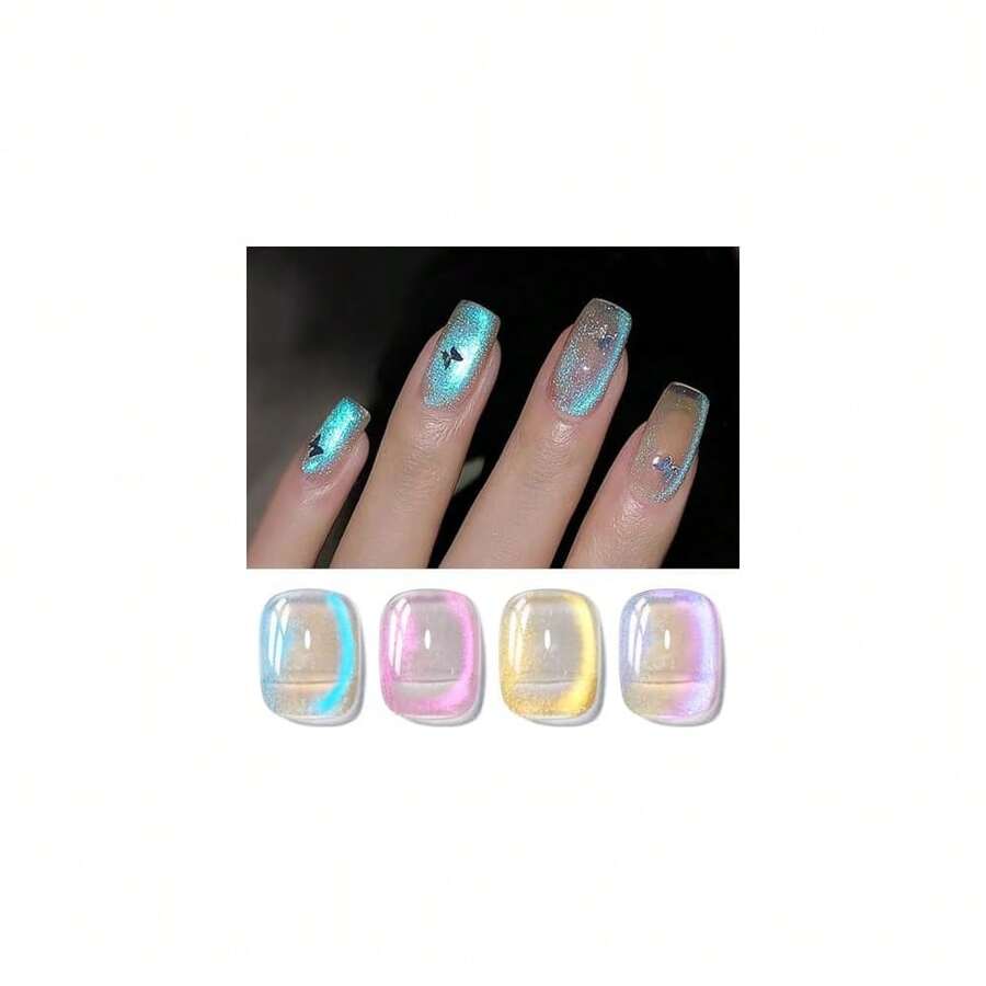 Cat Magnetic Eye Gel Nail Polish, Blue Tears Auroras Gel Polish, Blue Pink Yellow Purple Glassy Glitter Holographic Gel Nail Polish For Nail Art Manicure Salon DIY 4PCS 5ML{Inchcolor_nameinch:InchBlueTearsAurorasinch} - 藍淚極光 - 查看 1